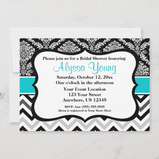 Invitation de Black Turquoise Damask Chevron (Devant)
