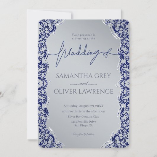 Invitation de Blue and Silver Mariage damassé (Devant)
