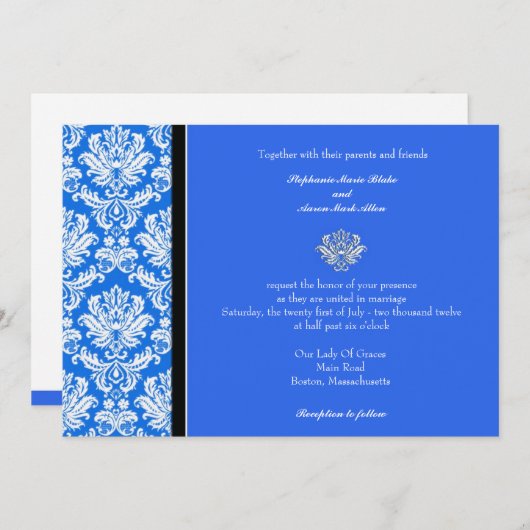 Invitation de Blue Classic Mariage damassé (Devant / Derrière)