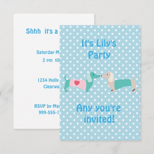 Invitation de Blue Dachshund Party (Devant / Derrière)