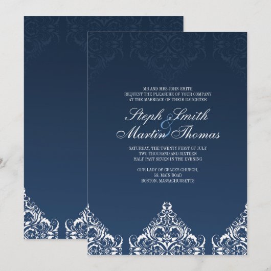 Invitation de Blue Mariage damassé (Devant / Derrière)