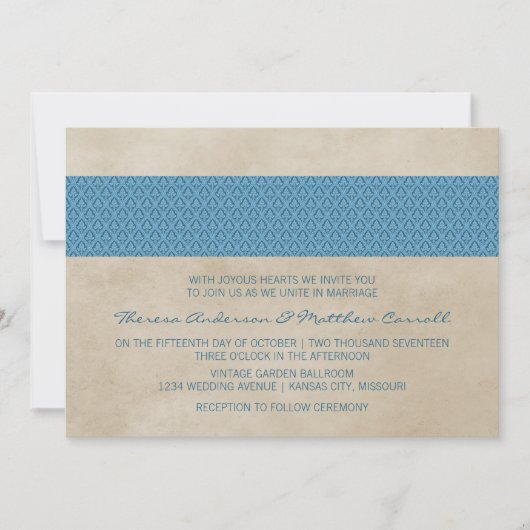 Invitation de Blue Rustic Mariage damassé (Devant)