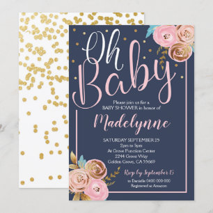 Invitation de Blush Navy et Gold Floral Baby showe