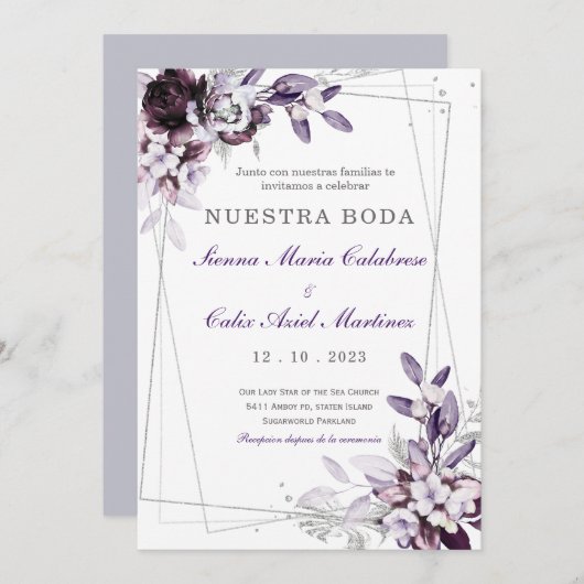 Invitation de Boda Púrpura y Lavanda Plateada (Devant / Derrière)