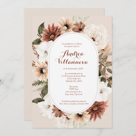 Invitation de Boho quinceañera (Devant / Derrière)