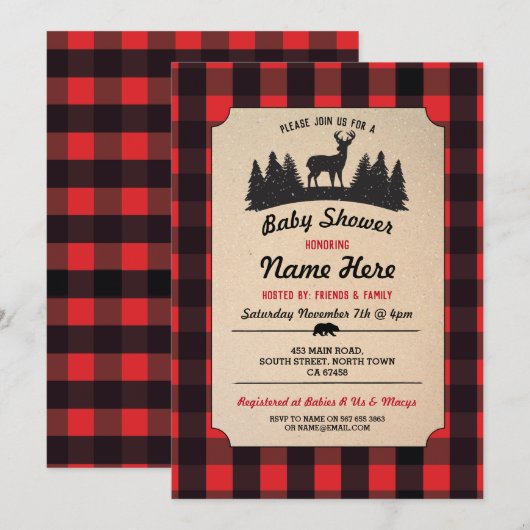 Invitation de bois du Baby shower rouge de Lumberj (Devant / Derrière)