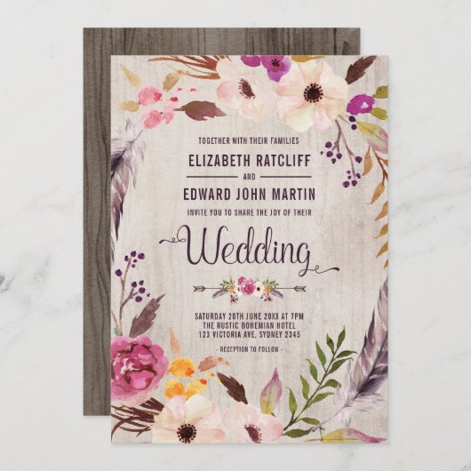 Invitation de bois floral de Faire-part de mariage (Devant / Derrière)