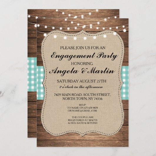 Invitation de bois Turquoise Check Party (Devant / Derrière)