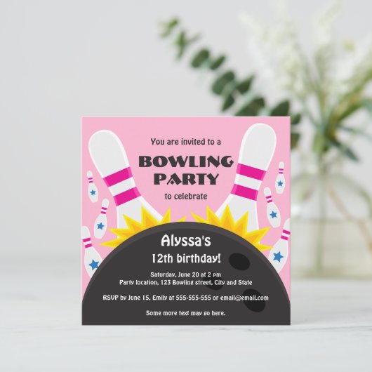 Invitation de bowling avec bowling ball, rose (Debout devant)