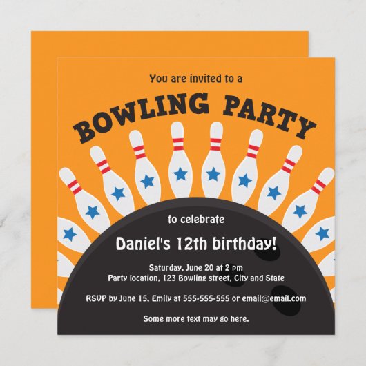 invitation de bowling avec bowling et épingles (Devant / Derrière)