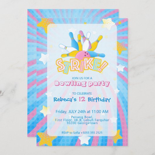 Invitation de Bowling Fun & Colorée (Devant / Derrière)