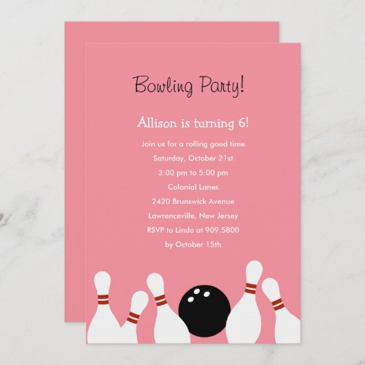 Invitation de Bowling Fun Party (Pink) (Devant / Derrière)