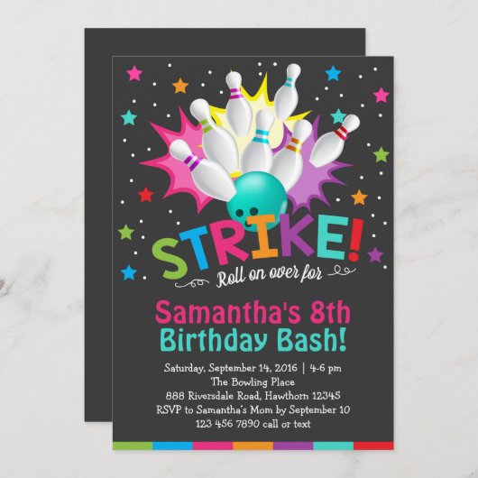 invitation de bowling, invitation d'anniversaire d (Devant / Derrière)