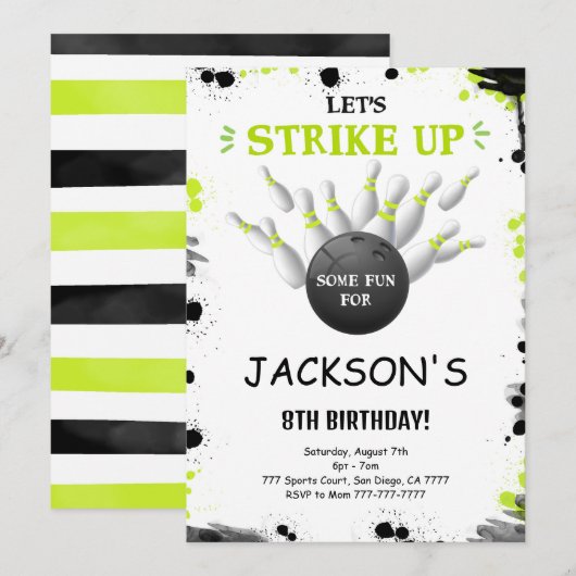 Invitation de bowling modifiable noire (Devant / Derrière)