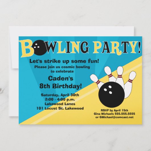 Invitation de Bowling Party - bleu et jaune (Devant)