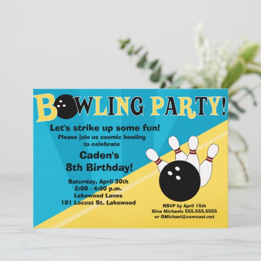 Invitation de Bowling Party - bleu et jaune (Debout devant)