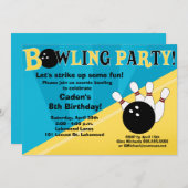 Invitation de Bowling Party - bleu et jaune (Devant / Derrière)