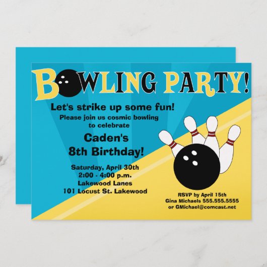 Invitation de Bowling Party - bleu et jaune (Devant / Derrière)
