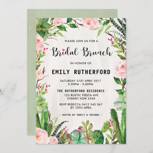 Invitation de Brunch de la mariée Succulente de la (Devant / Derrière)