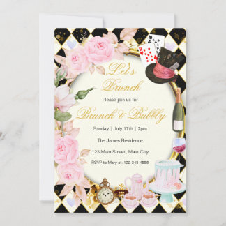 Invitation de brunch floral rose Alice au pays des