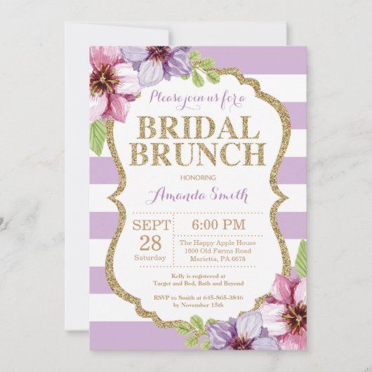 Invitation de Brunch nuptial violet or Floral (Devant)