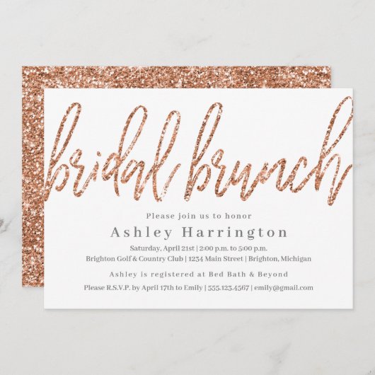 Invitation de Brunch rose Gold Bridal avec Parties (Devant / Derrière)