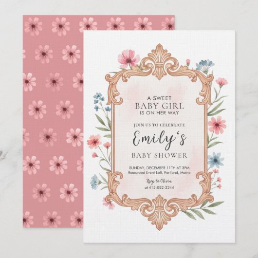 Invitation de cadre pour Baby Shower Fille Floral (Devant / Derrière)