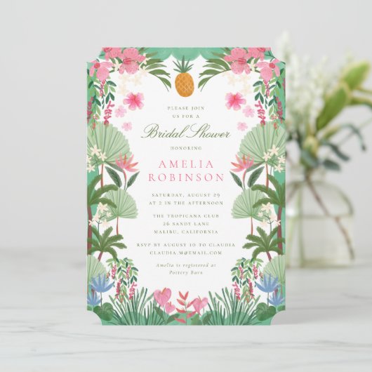 Invitation de carton de douche de mariée tropicale (Debout devant)
