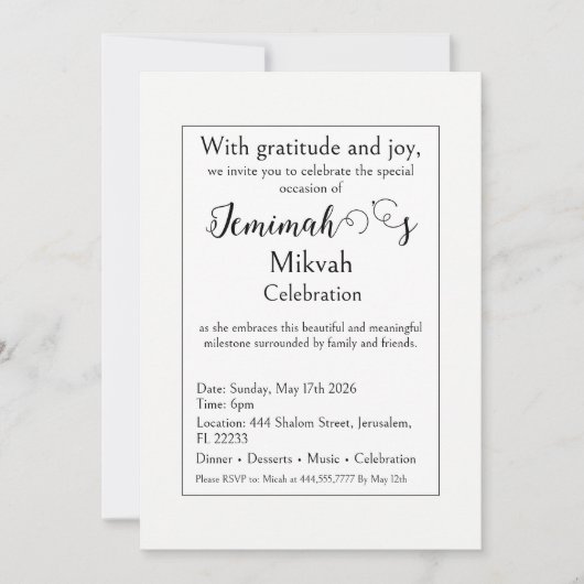 Invitation de célébration de Mikvah, Moderne Simpl (Devant)