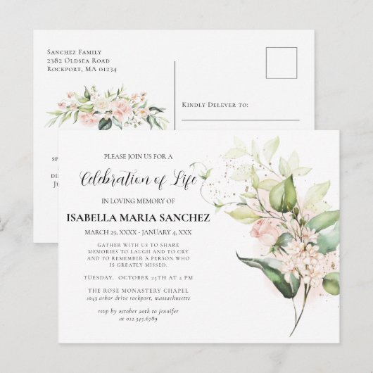 Invitation de célébration de vie florale à la rose (Devant / Derrière)