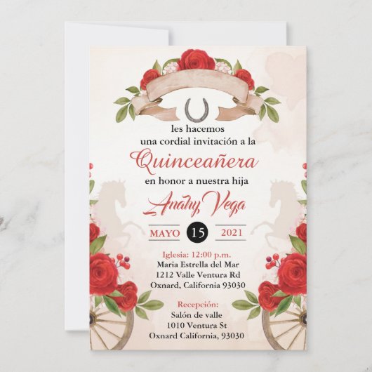 Invitation de Charro/Huapango Quinceanera, Roses r (Devant)