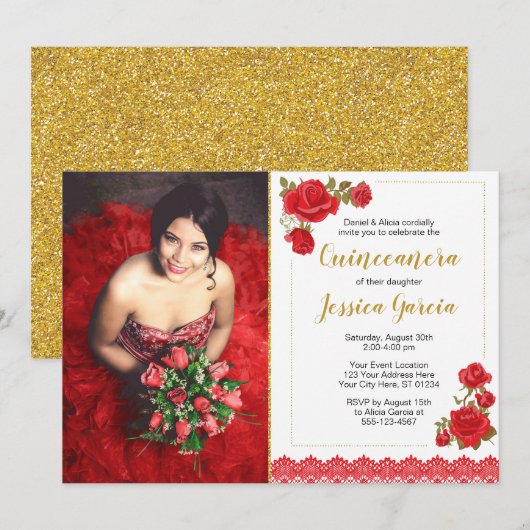Invitation de Charro Quinceañera| Roses et dentell (Devant / Derrière)