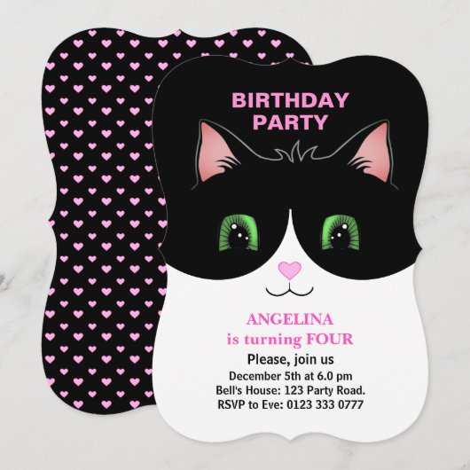 Invitation de chat élégant noir et blanc moderne e (Devant / Derrière)