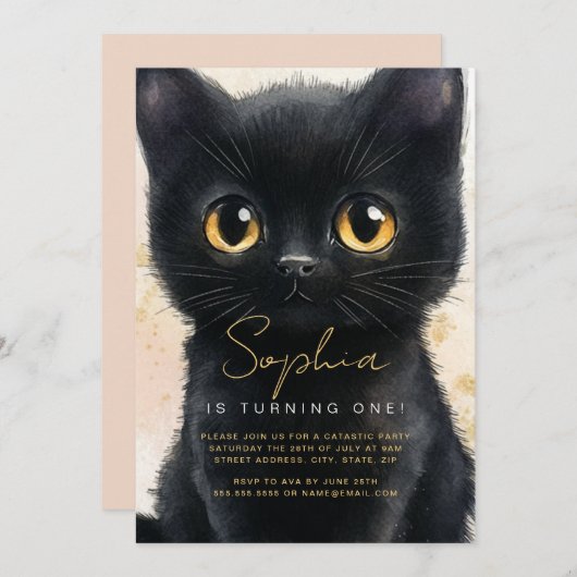 Invitation de Chat Noir Premier Anniversaire (Devant / Derrière)