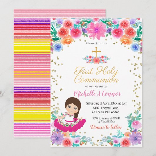Invitation de Christening Floral Mexicain (Devant / Derrière)