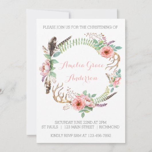 Invitation de Christening Girls - Rose Floral (Devant)