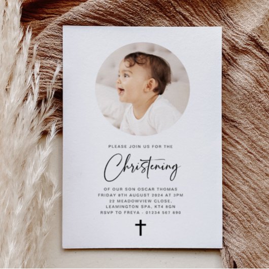 Invitation de Christening Minimaliste Photo ronde