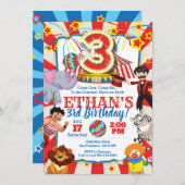 Invitation de Circus Party pour le 3e anniversaire (Devant / Derrière)