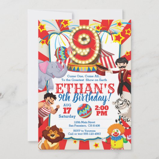Invitation de Circus Party pour le 9e anniversaire (Devant)