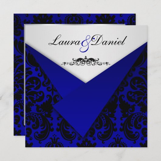 Invitation de Cobalt Blue and Black Mariage damass (Devant / Derrière)