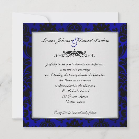 Invitation de Cobalt Blue and Black Mariage damass (Dos)