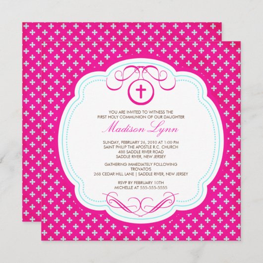 Invitation de communion de fille rose douce (Devant / Derrière)