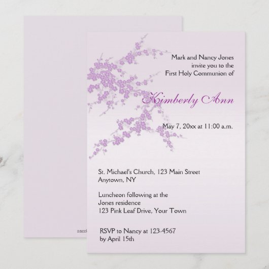 Invitation de communion de Sakura de lavande (Devant / Derrière)