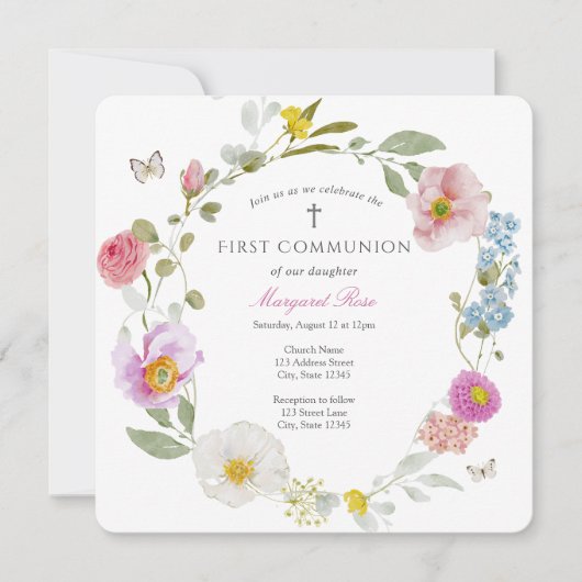 Invitation de communion élégante papillon floral (Devant)