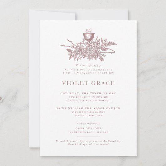 Invitation de communion florale vintage rose (Devant)