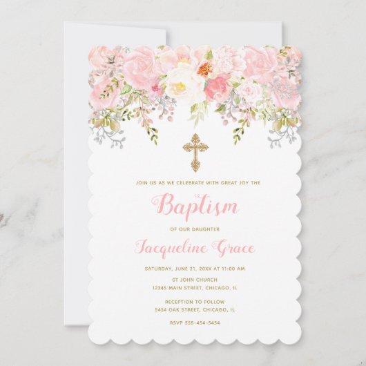 Invitation de communion rose et or floral (Devant)