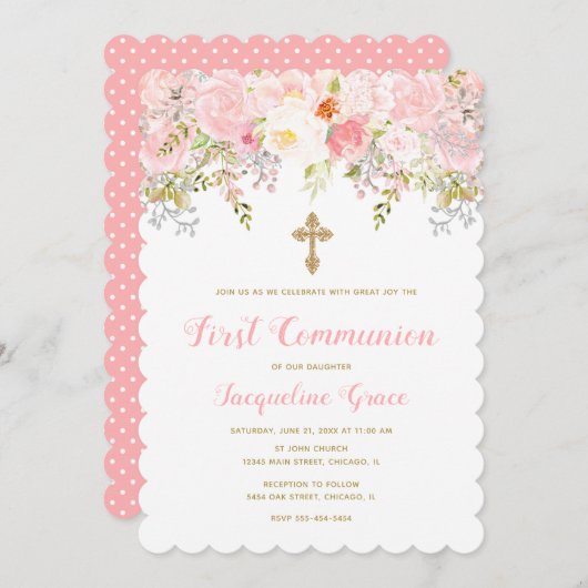 Invitation de communion rose et or floral (Devant / Derrière)