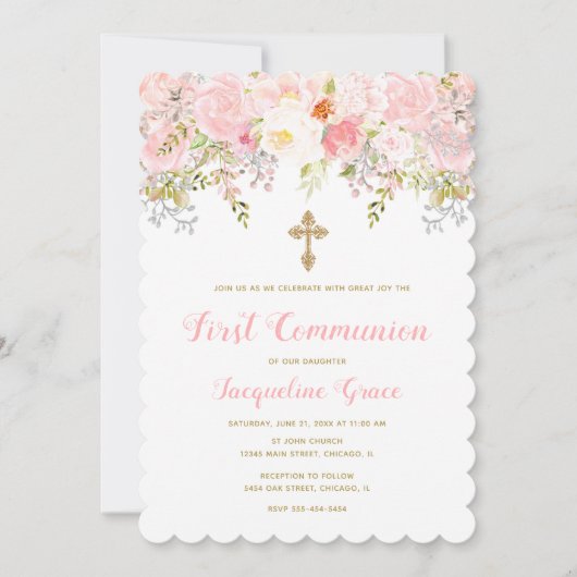 Invitation de communion rose et or floral (Devant)