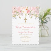 Invitation de communion rose et or floral (Debout devant)