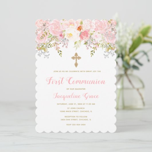 Invitation de communion rose et or floral (Debout devant)